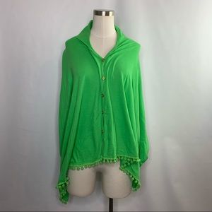 Just Bee Green Poncho pompom trim